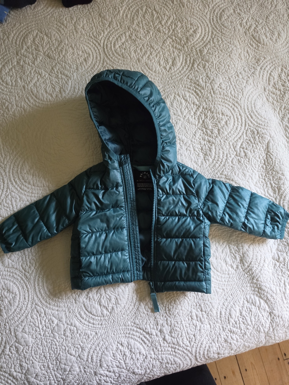 Primary Infant Quilted Hooded Jacket in Teal Puffer